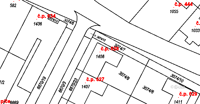 Březí 628 na parcele st. 1408 v KÚ Březí u Mikulova, Katastrální mapa