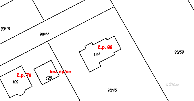 Podbrdy 88 na parcele st. 134 v KÚ Podbrdy, Katastrální mapa