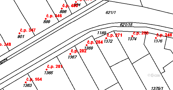 Hrušky 284 na parcele st. 1369 v KÚ Hrušky, Katastrální mapa
