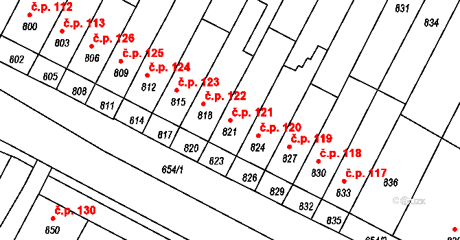 Rychlov 121, Bystřice pod Hostýnem na parcele st. 821 v KÚ Rychlov u Bystřice pod Hostýnem, Katastrální mapa