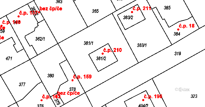 Srby 210, Tuchlovice na parcele st. 381/2 v KÚ Srby u Tuchlovic, Katastrální mapa