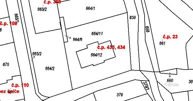 Chlumec 433,434 na parcele st. 664/12 v KÚ Chlumec u Chabařovic, Katastrální mapa