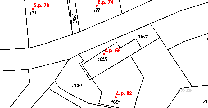 Polipsy 58, Čestín na parcele st. 105/2 v KÚ Polipsy, Katastrální mapa