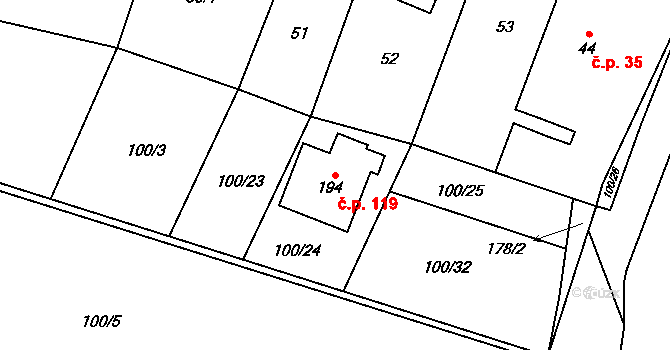 Kluky 119 na parcele st. 194 v KÚ Kluky u Čáslavi, Katastrální mapa