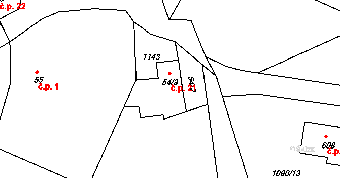 Čakovice 21, Týnec nad Sázavou na parcele st. 54/3 v KÚ Čakovice u Řehenic, Katastrální mapa