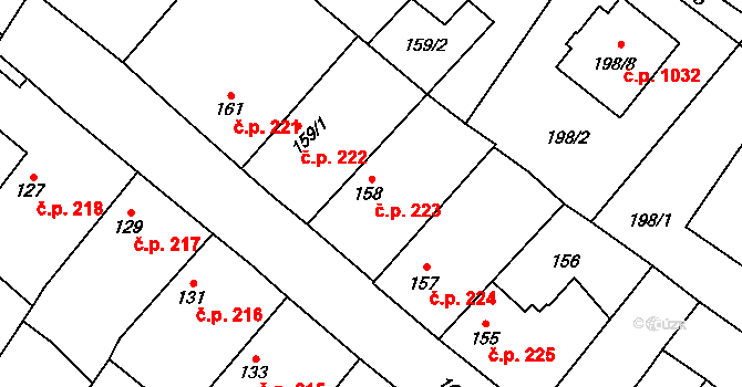 Sadská 223 na parcele st. 158 v KÚ Sadská, Katastrální mapa