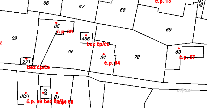 Tmaň 54 na parcele st. 64 v KÚ Tmaň, Katastrální mapa