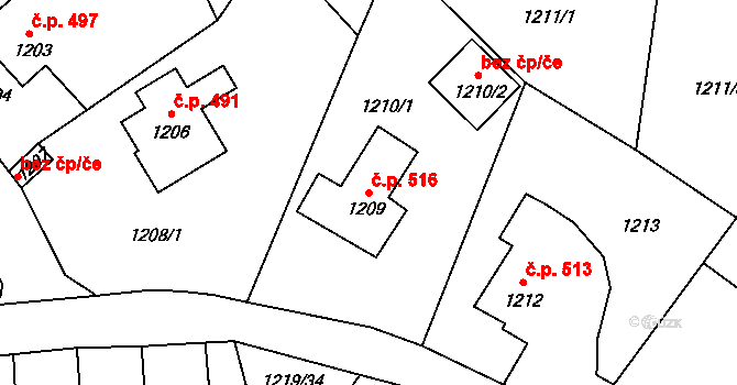 Doksy 516 na parcele st. 1209 v KÚ Doksy u Máchova jezera, Katastrální mapa