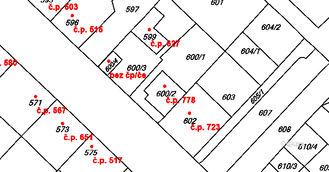 Lužice 778 na parcele st. 600/2 v KÚ Lužice u Hodonína, Katastrální mapa