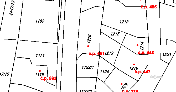 Ždánice 551 na parcele st. 1216/1 v KÚ Ždánice, Katastrální mapa