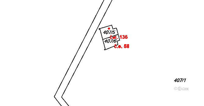 Rounek 58, Vyskytná nad Jihlavou na parcele st. 407/6 v KÚ Rounek, Katastrální mapa