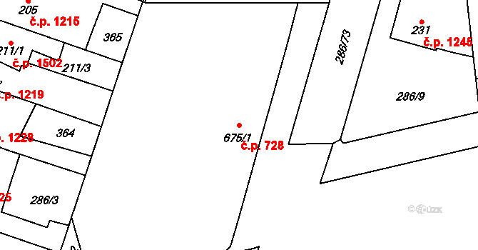 Švermov 728, Kladno na parcele st. 675/1 v KÚ Hnidousy, Katastrální mapa
