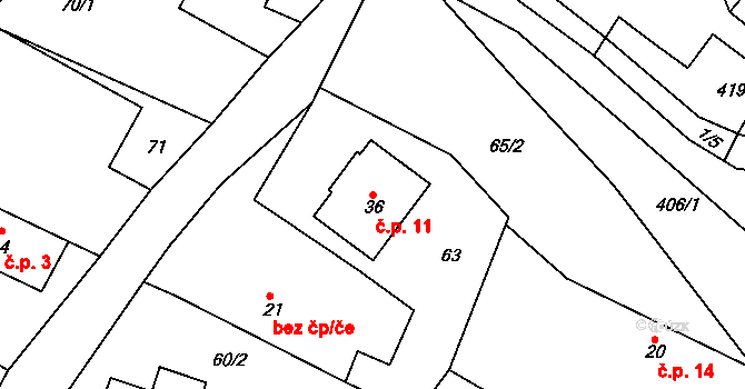 Popovice 11, Třesovice na parcele st. 36 v KÚ Popovice u Nechanic, Katastrální mapa