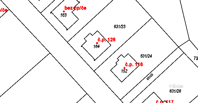 Bouzov 126 na parcele st. 164 v KÚ Bouzov, Katastrální mapa