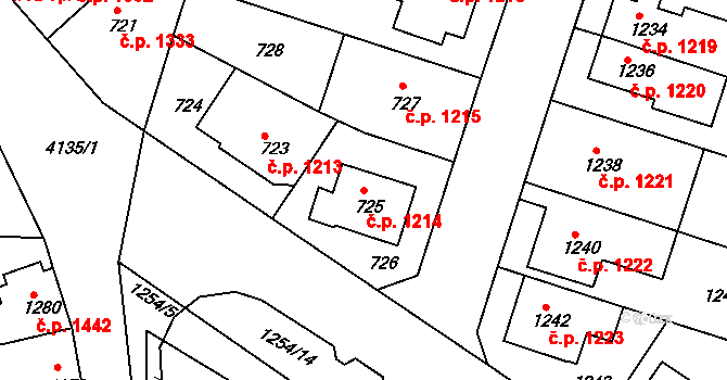 Roudnice nad Labem 1214 na parcele st. 725 v KÚ Roudnice nad Labem, Katastrální mapa