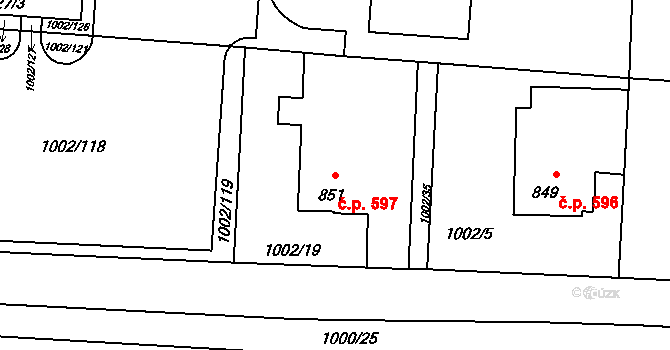 Rožnov pod Radhoštěm 597 na parcele st. 851 v KÚ Rožnov pod Radhoštěm, Katastrální mapa