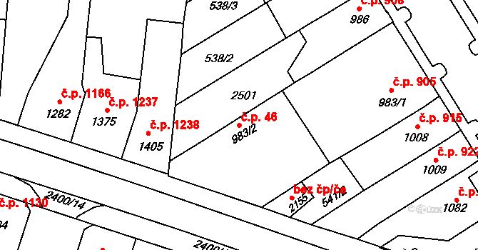 Hořice 46 na parcele st. 983/2 v KÚ Hořice v Podkrkonoší, Katastrální mapa