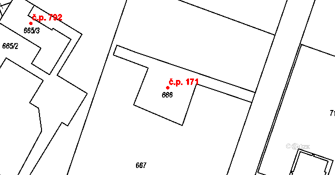 Hradištko 171 na parcele st. 666 v KÚ Hradištko u Sadské, Katastrální mapa