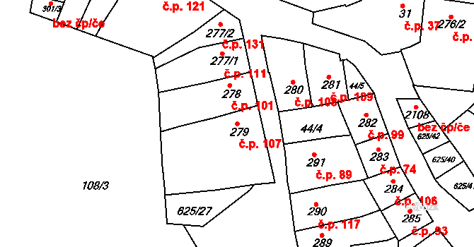 Podklášteří 107, Třebíč na parcele st. 279 v KÚ Podklášteří, Katastrální mapa