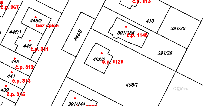 Lobzy 1128, Plzeň na parcele st. 408/2 v KÚ Lobzy, Katastrální mapa
