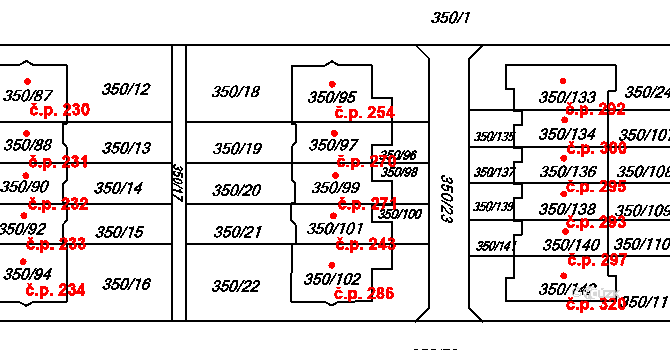 Červený Hrádek 271, Plzeň na parcele st. 350/99 v KÚ Červený Hrádek u Plzně, Katastrální mapa