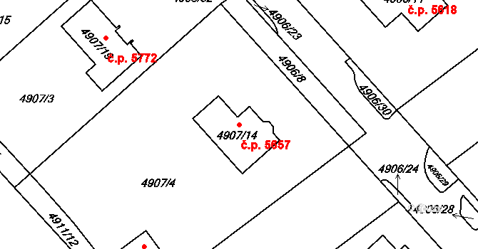 Chomutov 5657 na parcele st. 4907/14 v KÚ Chomutov I, Katastrální mapa