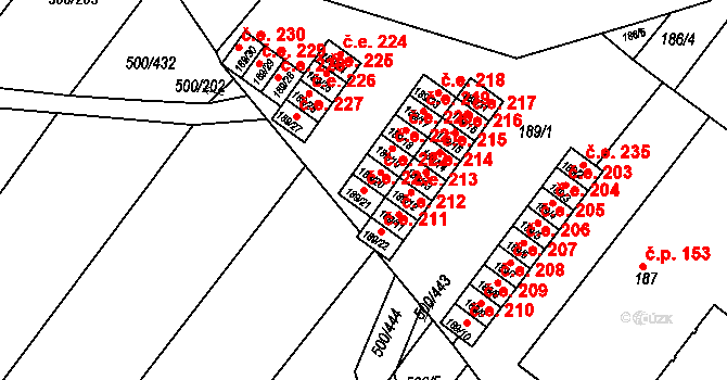 Nebovidy 223 na parcele st. 189/21 v KÚ Nebovidy u Brna, Katastrální mapa