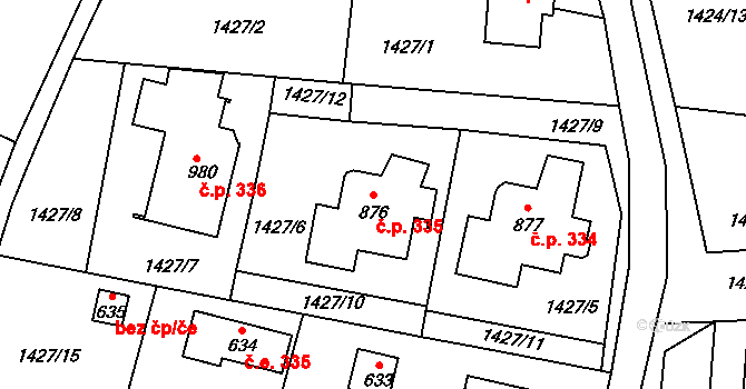 Příluky 335, Zlín na parcele st. 876 v KÚ Příluky u Zlína, Katastrální mapa