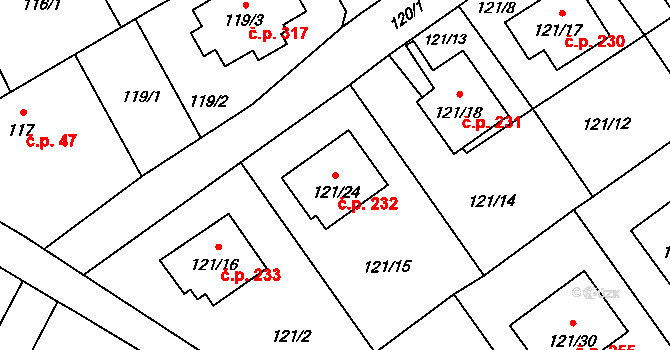 Chuchelná 232 na parcele st. 121/24 v KÚ Chuchelná, Katastrální mapa