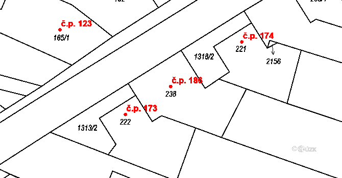 Tučapy 186 na parcele st. 238 v KÚ Tučapy u Vyškova, Katastrální mapa