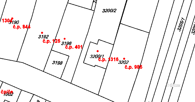 Hluk 1316 na parcele st. 3200/1 v KÚ Hluk, Katastrální mapa