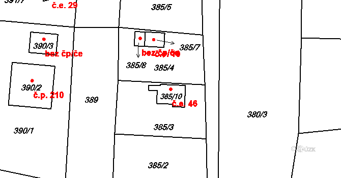 Kamenný Újezd 46, Nýřany na parcele st. 385/10 v KÚ Kamenný Újezd u Nýřan, Katastrální mapa
