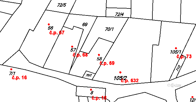 Hýskov 69 na parcele st. 58 v KÚ Hýskov, Katastrální mapa