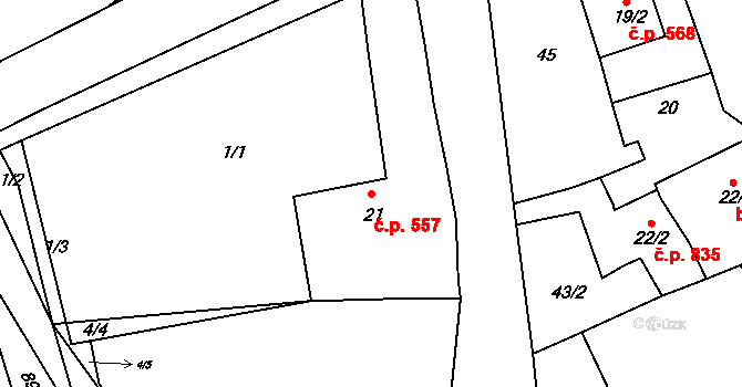 Rudná 557 na parcele st. 21 v KÚ Hořelice, Katastrální mapa