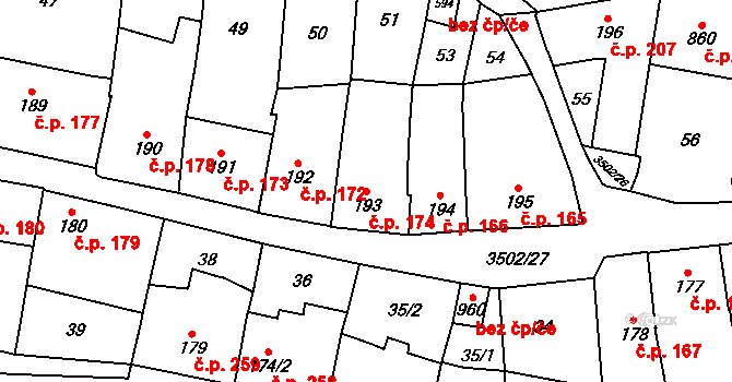 Lysice 174 na parcele st. 193 v KÚ Lysice, Katastrální mapa