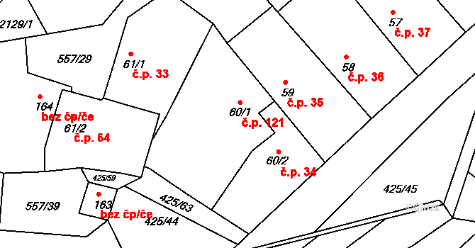Okřesaneč 121 na parcele st. 60/1 v KÚ Okřesaneč, Katastrální mapa
