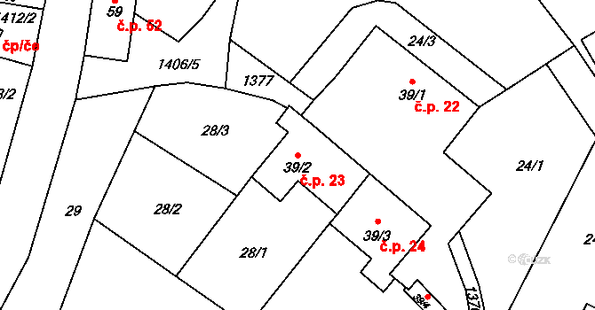 Heřmanice u Oder 23 na parcele st. 39/2 v KÚ Heřmanice u Oder, Katastrální mapa