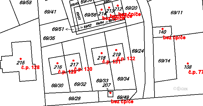 Horní Stakory 131, Kosmonosy na parcele st. 218 v KÚ Horní Stakory, Katastrální mapa