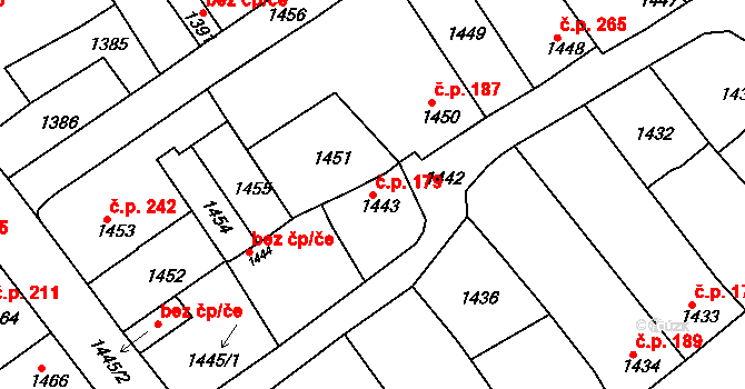 Hrušky 179 na parcele st. 1443 v KÚ Hrušky, Katastrální mapa