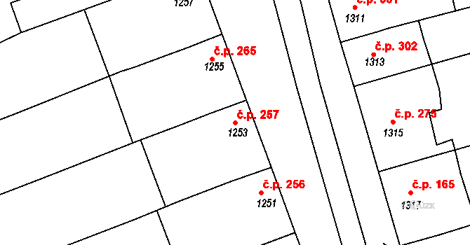 Prusinovice 257 na parcele st. 1253 v KÚ Prusinovice, Katastrální mapa