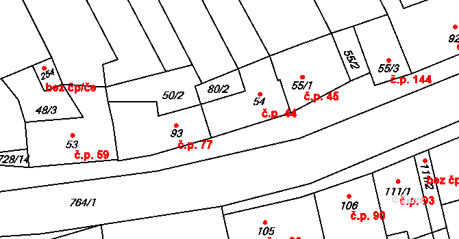 Dřevnovice 44 na parcele st. 54 v KÚ Dřevnovice, Katastrální mapa
