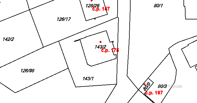 Branišovice 175 na parcele st. 143/2 v KÚ Branišovice, Katastrální mapa