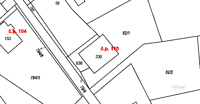 Podbřezí 110 na parcele st. 230 v KÚ Podbřezí, Katastrální mapa