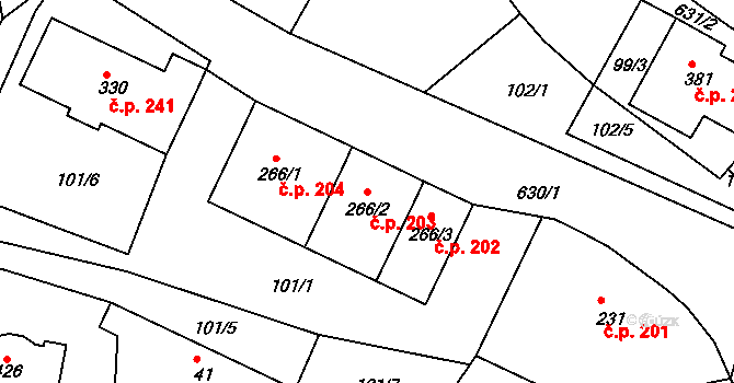 Jenišovice 203 na parcele st. 266/2 v KÚ Jenišovice u Jablonce nad Nisou, Katastrální mapa