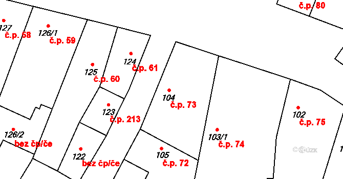 Rožďalovice 73 na parcele st. 104 v KÚ Rožďalovice, Katastrální mapa