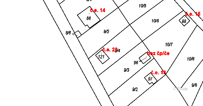 Častolovice 23, Česká Lípa na parcele st. 121 v KÚ Častolovice u České Lípy, Katastrální mapa