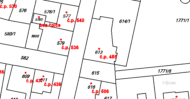 Kosmonosy 485 na parcele st. 613 v KÚ Kosmonosy, Katastrální mapa