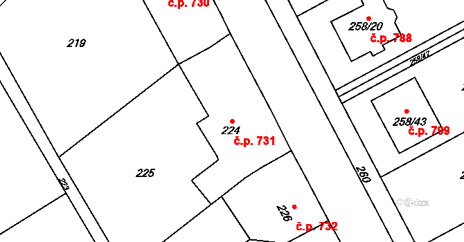 Březce 731, Štěpánov na parcele st. 224 v KÚ Březce, Katastrální mapa