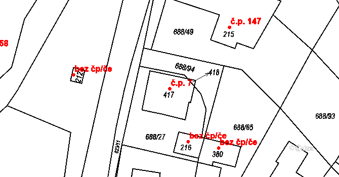 Kameničky 7 na parcele st. 417 v KÚ Kameničky, Katastrální mapa