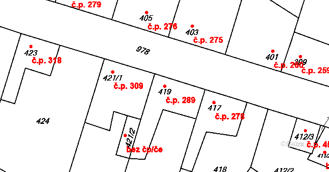 Kostomlaty nad Labem 289 na parcele st. 419 v KÚ Kostomlaty nad Labem, Katastrální mapa
